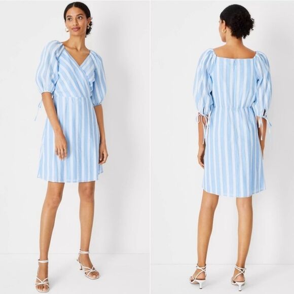 Ann Taylor Striped Puff Sleeve Wrap Dress Size 8 Cottagecore Milkmaid Coastal - Picture 2 of 15